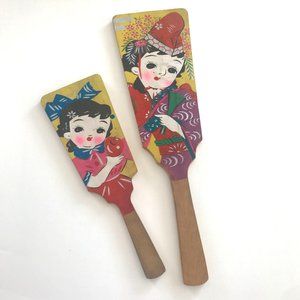 Vintage Antique Japanese Wooden Shuttlecock Paddles Hagoita Game Toy